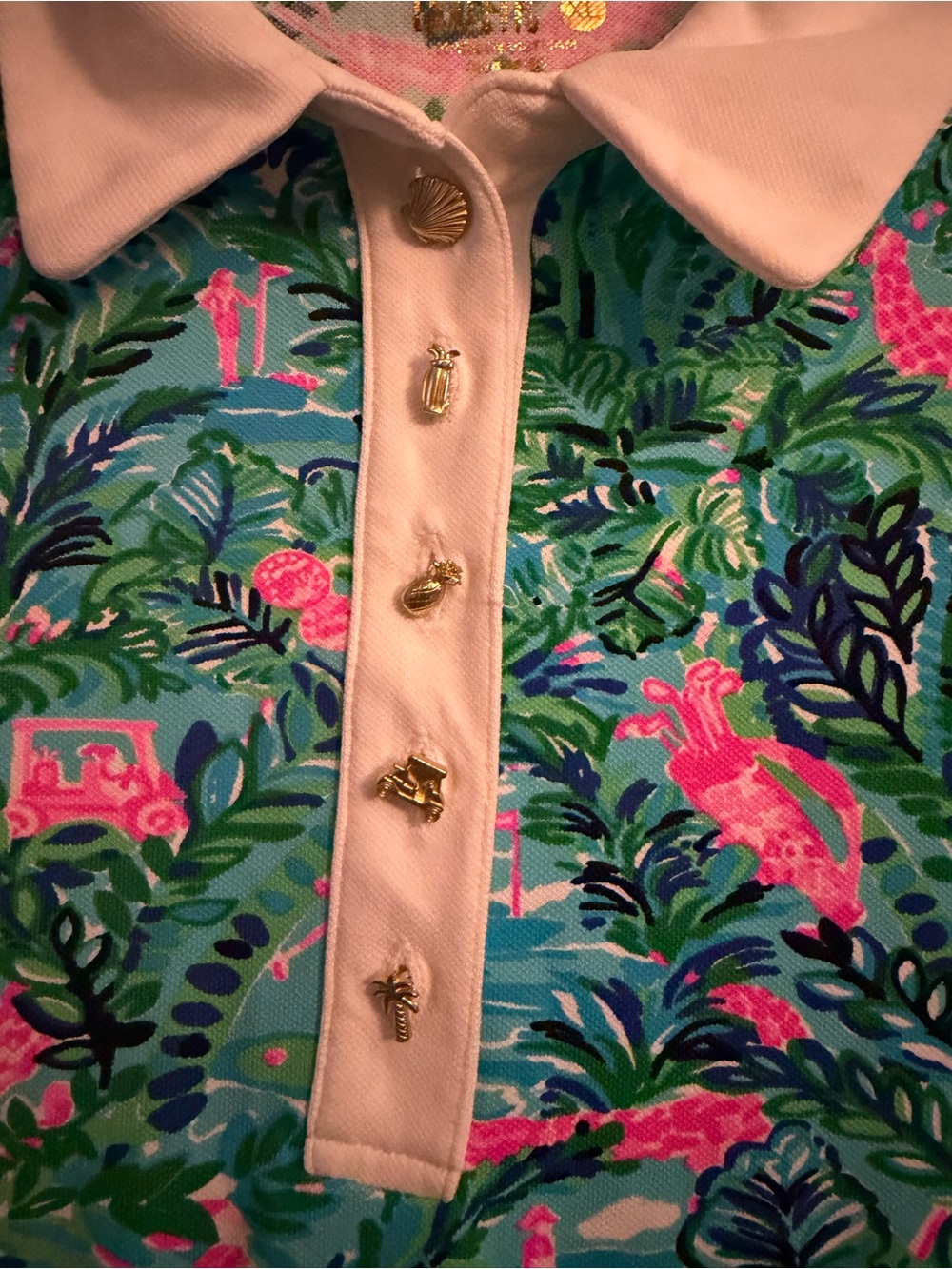Lilly Pulitzer Floral & Flamingo Polo Top in Teal, Pink & White - Picture 2 of 5